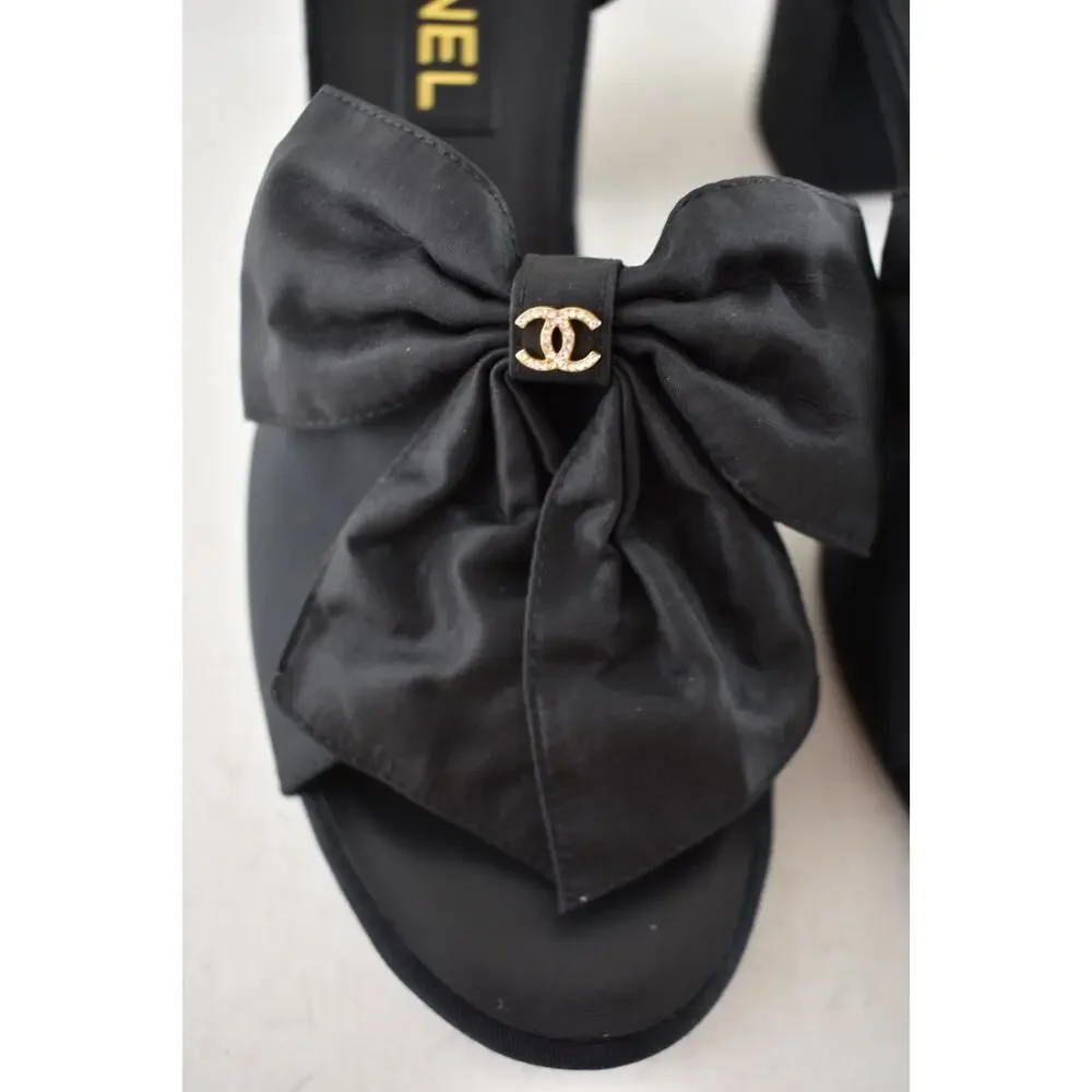 Chanel 24A Black Silk Bow Crystal CC Logo Ankle Strap Block Heel Sandals 42 - Picture 11 of 16